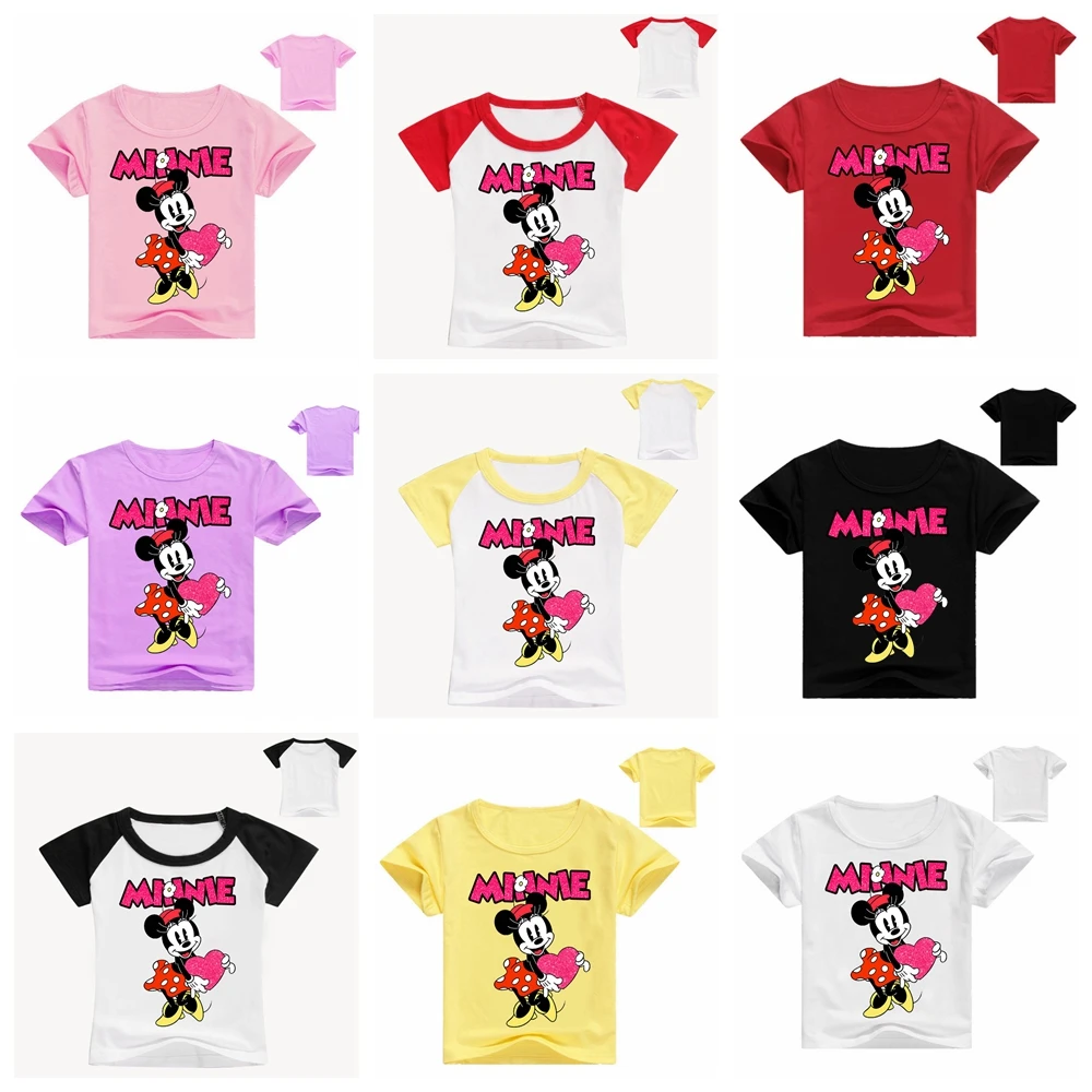 

Летняя футболка для мальчиков, Детские футболки, хлопковые топы для девочек с героями мультфильмов Минни Маус, топ с коротким рукавом, одежд...