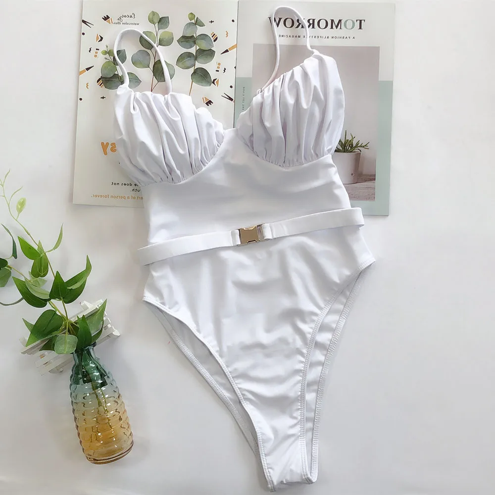 High cut one piece swimsuit women backless bodysuit ladies folding swimwear sexy push up buckle female bathing suit | Спорт и