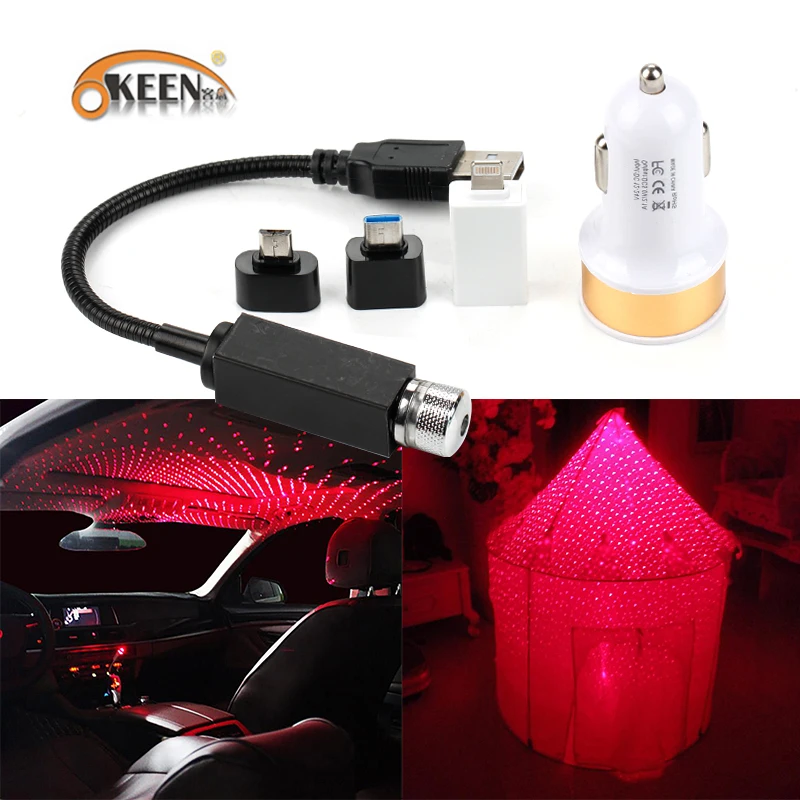 

OKEEN 2pcs LED Car Roof Star Night Lights Red Projector Light Interior Ambient Atmosphere Galaxy Lamp Decoration Light with USB