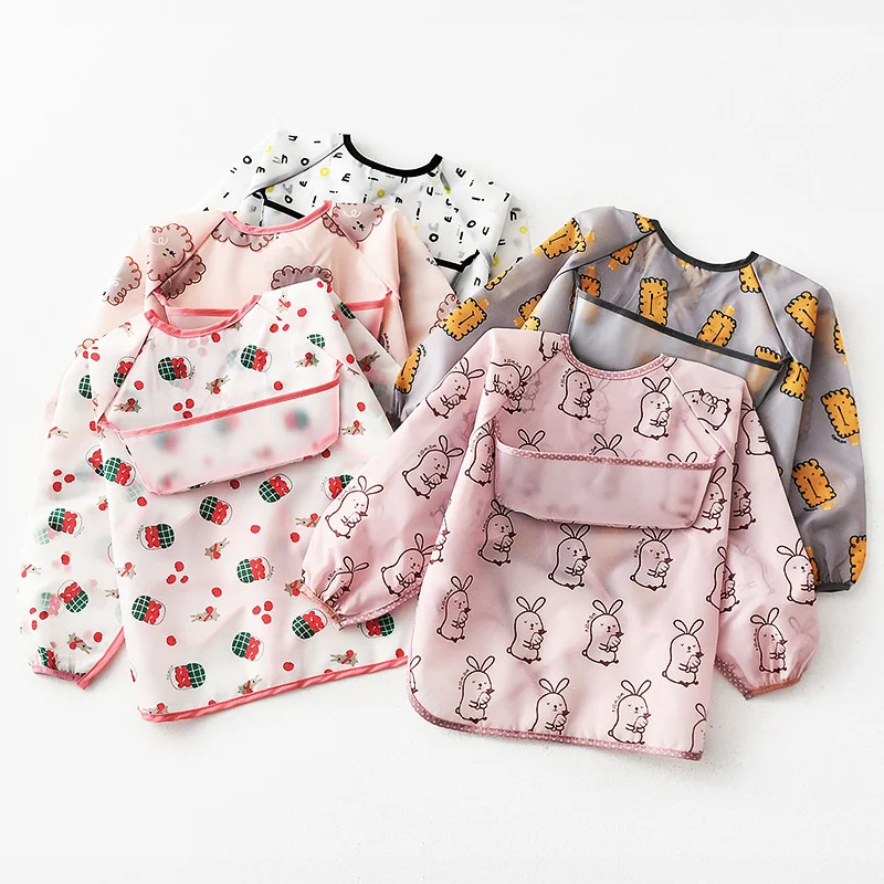 

Waterproof Baby Aprons Feeding Bibs Cartoon Print Long Sleeve Art Smock For Kids Chest Protection Infant Burp Cloth Banana Bibs