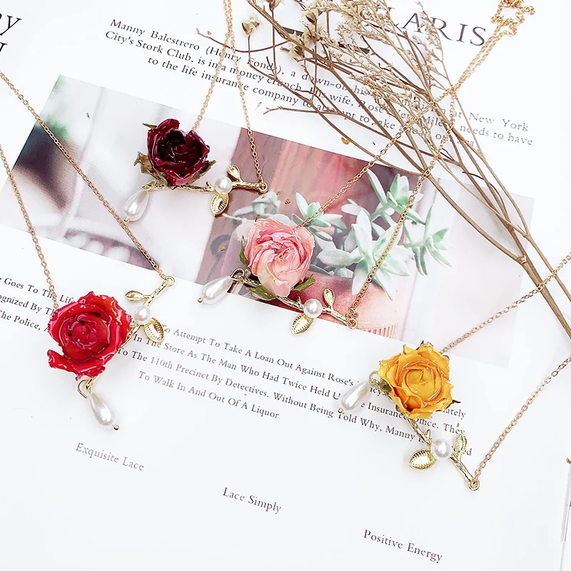 Цепочка Из ожерелье с сухими цветами золота натуральной розой и смолой