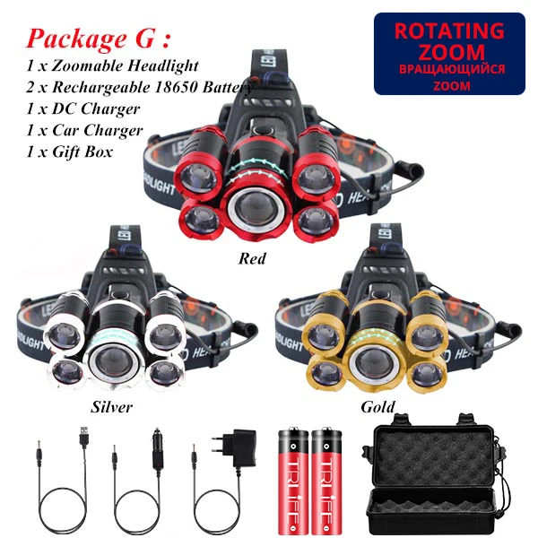 Package G Светодиодный налобный фонарь для рыбалки, ультра яркий, 5T6, налобный светильник с зумом, 18650, налобный фонарь, 4 режима, перезаряжаемый, налобный светильник для кемпинга - Испускаемый цвет: Package G