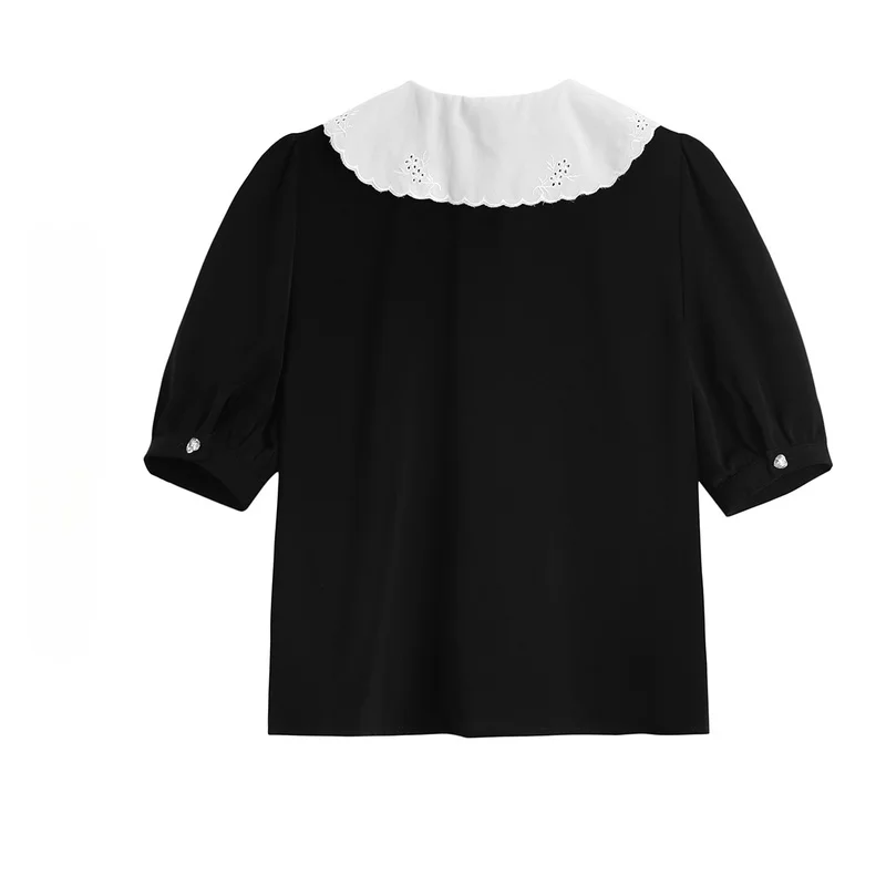 

2021 Summer Vintage Lace Sailor Collar Short Sleeve Women's Shirt Small Fragrance Sweet Soild Blouse Simple Elegant Moda Shirts