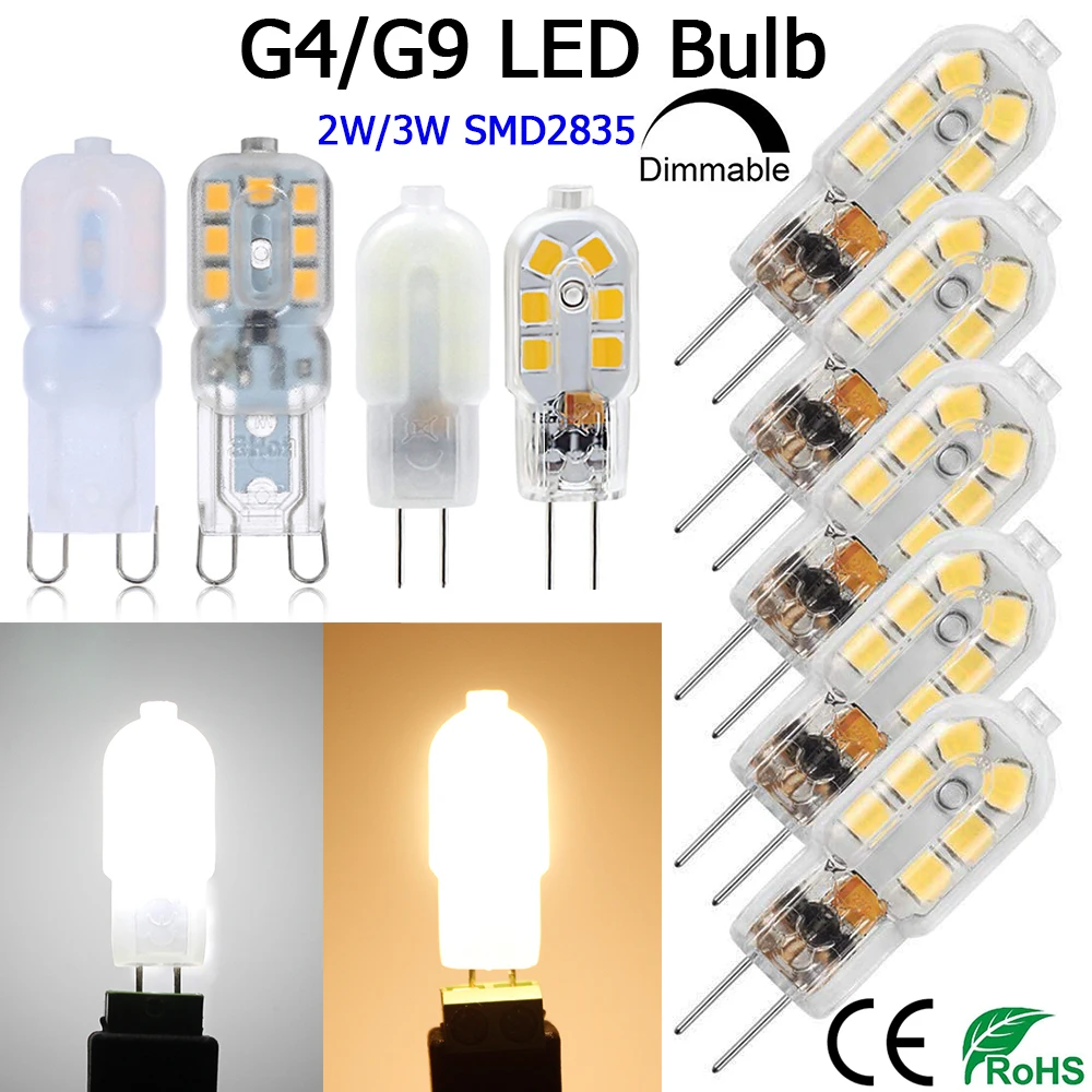 

G4 G9 LED Bulb Bi-Pin Base 2W 3W Halogen Bulb Equivalent replacement AC/DC12V Dimmable AC110V 220V Lamp SMD2835 LED Light Bulbs