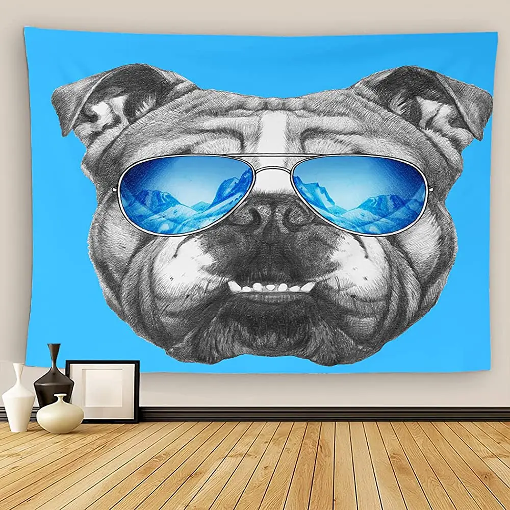 

Настенный гобелен с изображением животных, бульдога, голубого цвета, портрет на английском языке, зеркальные солнцезащитные очки, настенны...