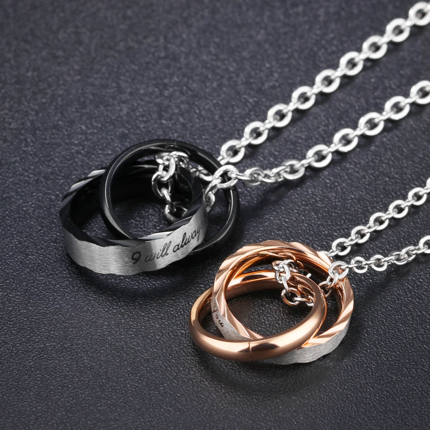 

Men Women Gift Popular Rose Gold and Black Color Rings Couples Necklace Stainless Steel Jewelry Choker