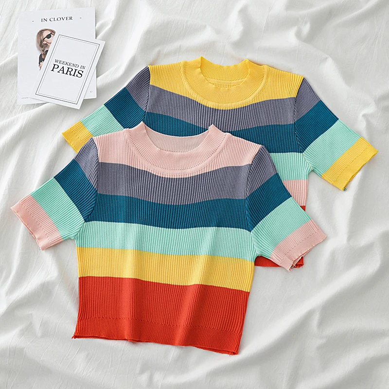 HELIAR женские вязаные радужные полоски футболки с круглым вырезом летние