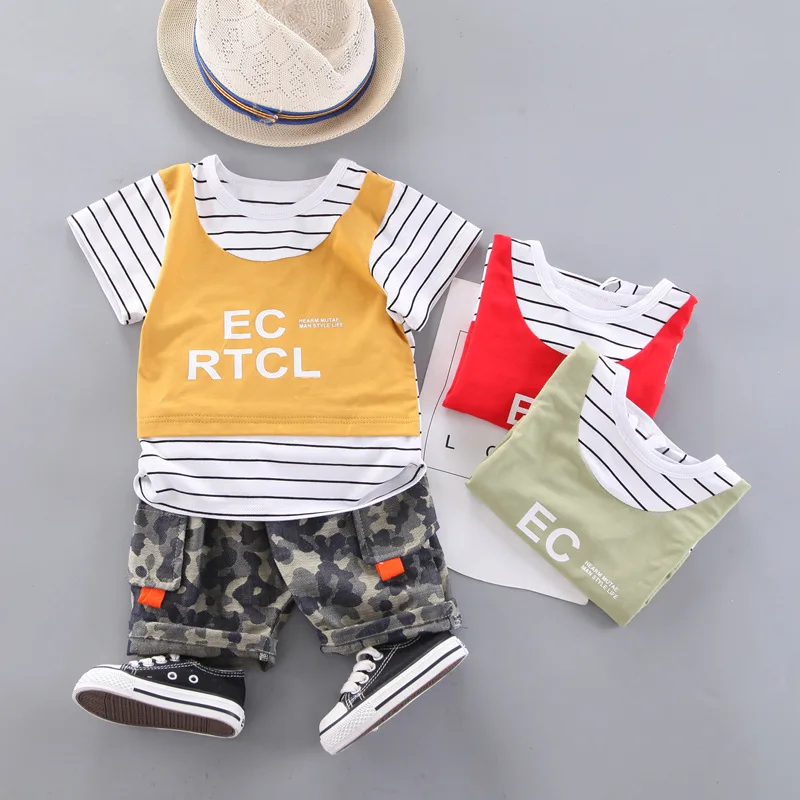 

Baby boy clothes summer letter print striped short-sleeve cotton T-shirt shorts 2 pcs boys casual sports suit children's clothes