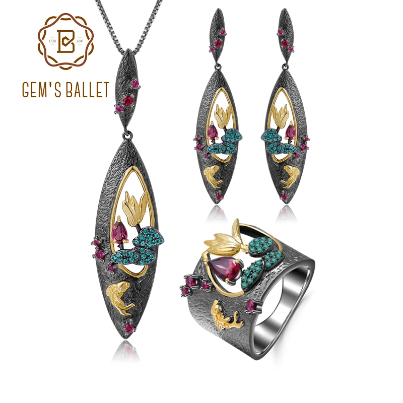 Серьги и кольцо из родолита граната серебро 925 пробы|Ювелирные наборы| |