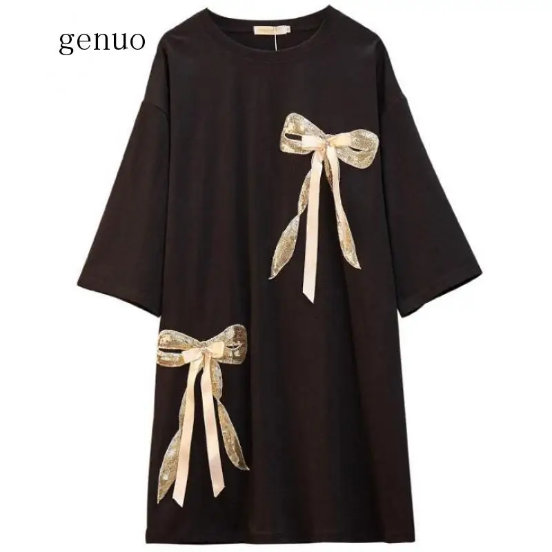 Женское платье с золотым бантом черного и белого цветов размера плюс г. | Женская