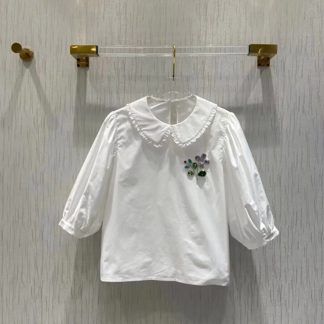 

2021 Autumn New Fashion Women Blouse Runway Design Vintage Diamonds Peter pan Collar Elegant Half Sleeve Casual White Shirt