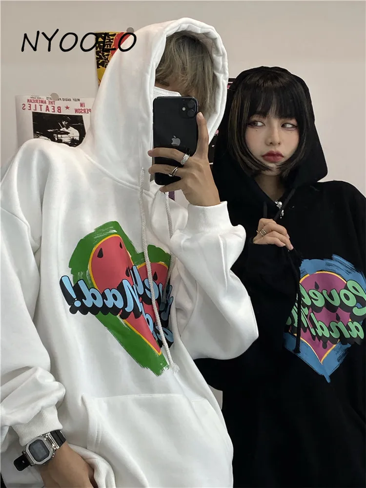 

NYOOLO Harajuku Смешные любовь буквы принт длинный рукав плюс бархатные пуловеры с капюшоном Свитшот для женщин мужчин зимние теплые толстовки То...