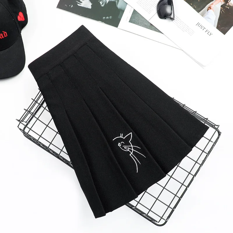 

Cute Cat Embroidered Pleated Skirt 2020 New Style Women's High Waist Overskirt Black A- Line Vintage Skirt kawaii skirt