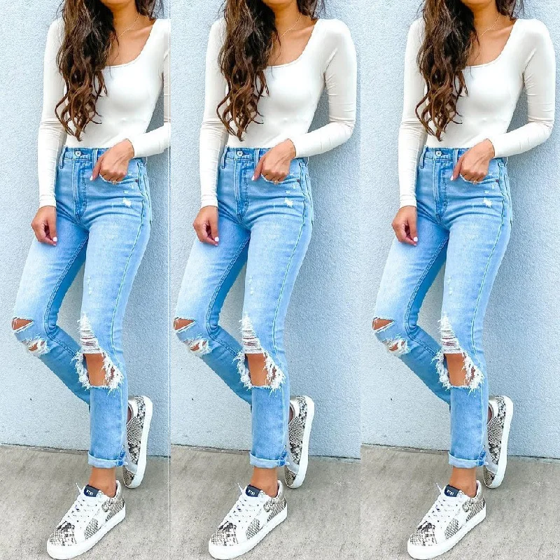 

Женские джинсы с завышенной талией, повседневные брюки-карандаш белого и синего цвета с потертостями и дырками, лето