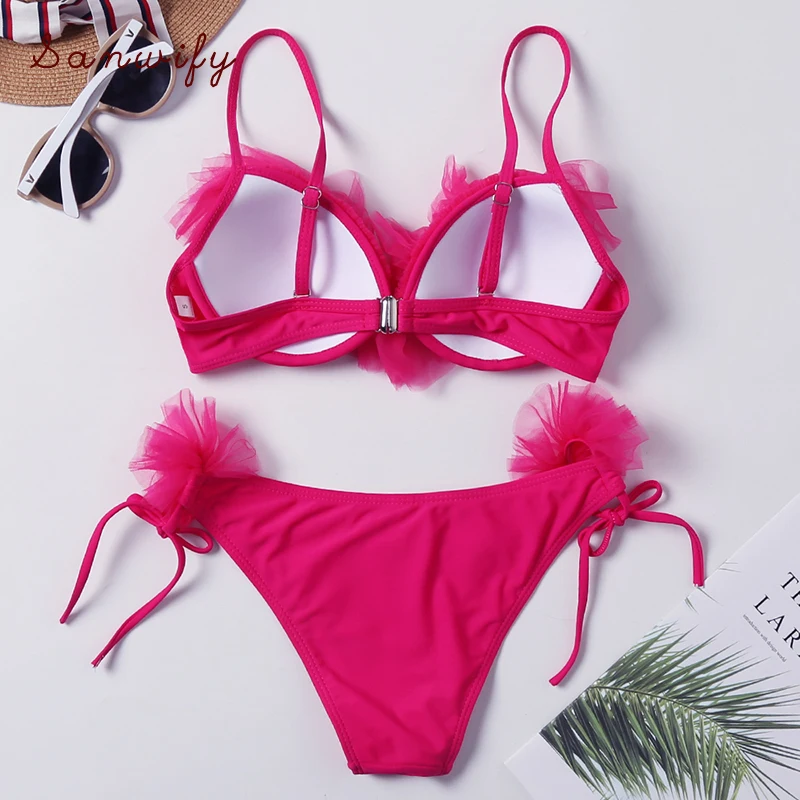

2020 Ruffle Swimwear Bikini Set Up Underwire Women Swimsuit Sexy Solid Beach Wear Bathing Suit Biquini