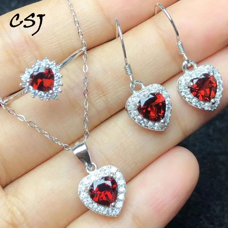 CSJ Natural Garnet Jewelry Sets Sterling 925 Silver Gemstone 6mm Fine Jewelry for Women Lady Party Birthday Gift
