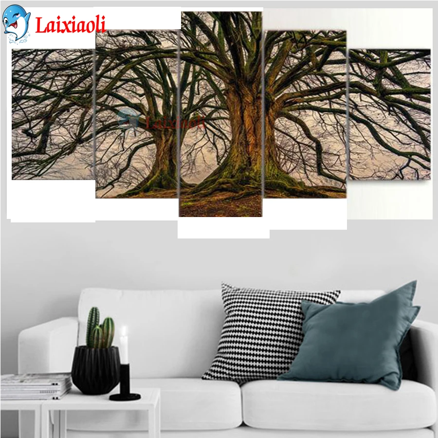 Pintura de diamantes 5D diy, mosaico de punto de cruz, &aacute;rbol grande, taladro completo, paisaje de bosque, conjunto de bordado de diamantes, regalo, decoraci&oacute;n del hogar, 5 paneles-0