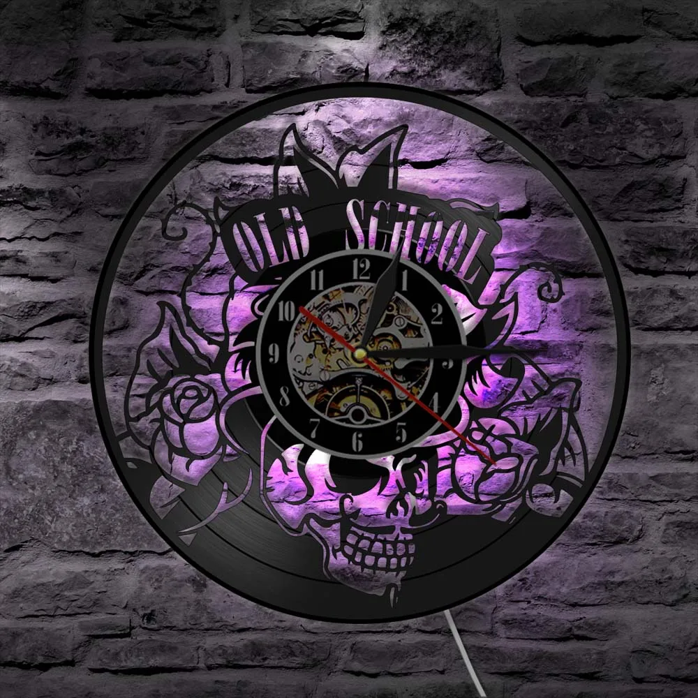 

Old School Wall Art Tattoo Studio Clock Skull With Flower Vinyl Record Wall Clock With LED Light Modern Design Hipster Men Gift