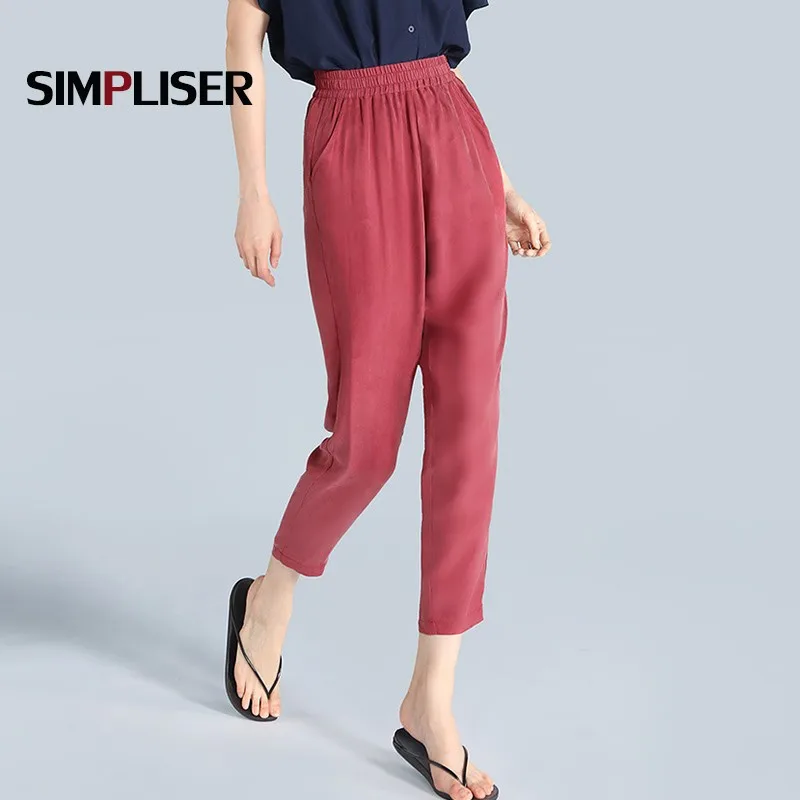 

Cupro Fabric Women Casual Capri Pants Elastic High Waist Female Loose Harem Pants 2021 Summer Thin Mom Pants Black Wine Red