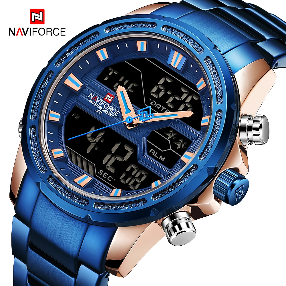 NAVIFORCE Мужские кварцевые светодиодный цифровые часы мужские синие полностью стальные военные наручные часы мужские водонепроницаемые часы
