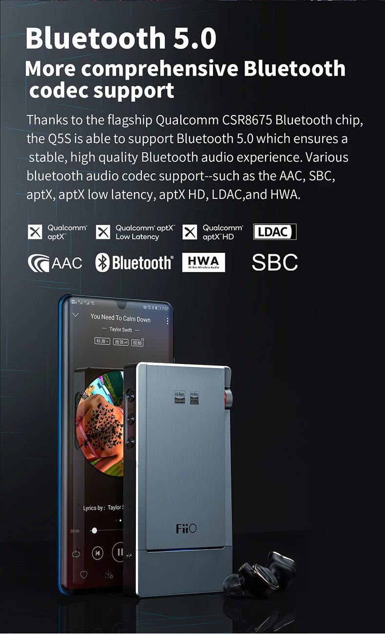 FiiO Q5s Bluetooth 5,0 AK4493EQ dsd-способный DAC& усилитель, USB усилитель DAC для iPhone/компьютера/Android/sony 2,5 мм 3,5 мм 4,4 мм