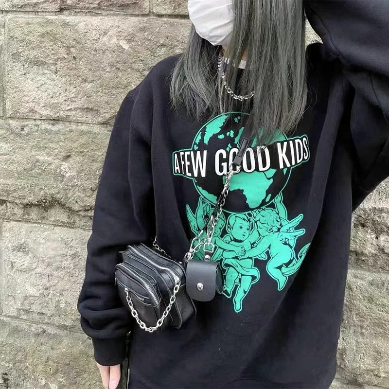 

Calelinka A Few Good Kids Angels Printing Sweatshirts Black Cotton Crewneck Thick Autumn Clothing Loose KPOP Aesthetic Pullover