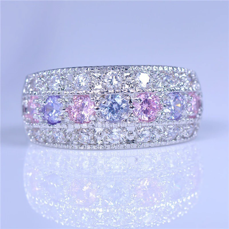 

925 Silver Color Pink and Purple Crystal Zircon Stone Ring For Women Female Bride Wedding Engagement Round Rings Fine Jewelry