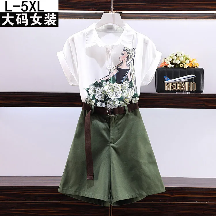 

Large Size Women's Clothing, 2021 Summer slimming Younger Pattern Printed top and green shorts with belt ,Two-Piece Suit