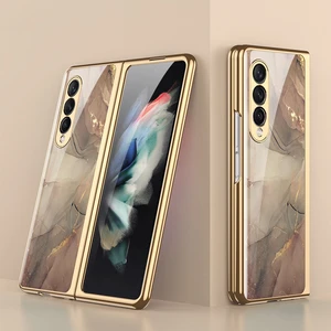 marble patterned glass case for samsung galaxy z fold 3 phone case luxury plating frame hard back protective cover for z fold 2 free global shipping