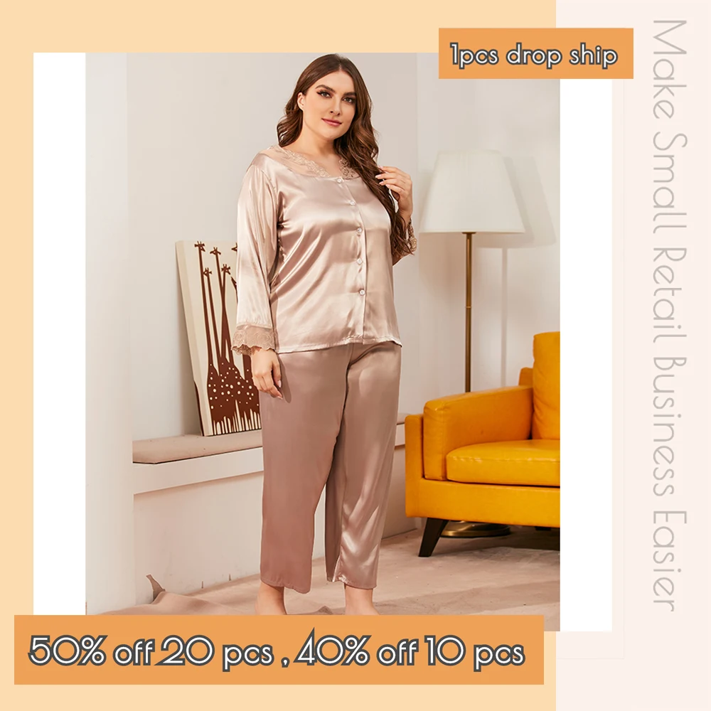 Размера плюс оптовая продажа вышитые кружевной отделкой сатиновая Пижама