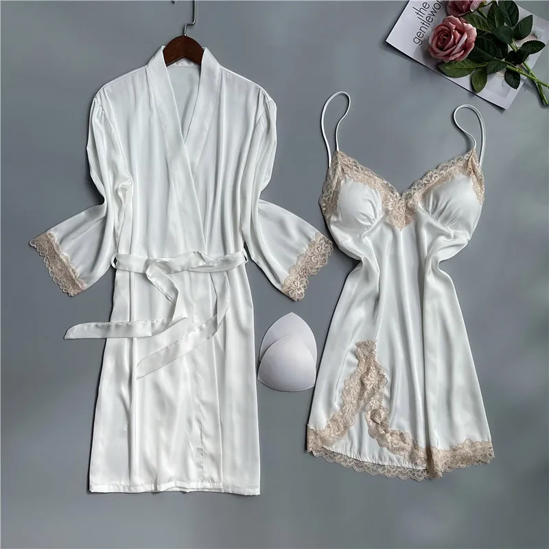

Sexy Lace Knee-length V-neck Nightgown Kimono Bathrobe Gown Wedding Robe Women 2PCS Sleepwear Casual Loose Home Wear Sleep Set