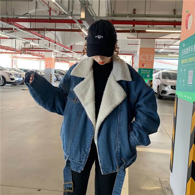Женская джинсовая куртка Повседневная теплая уличная с подкладкой из шерсти и