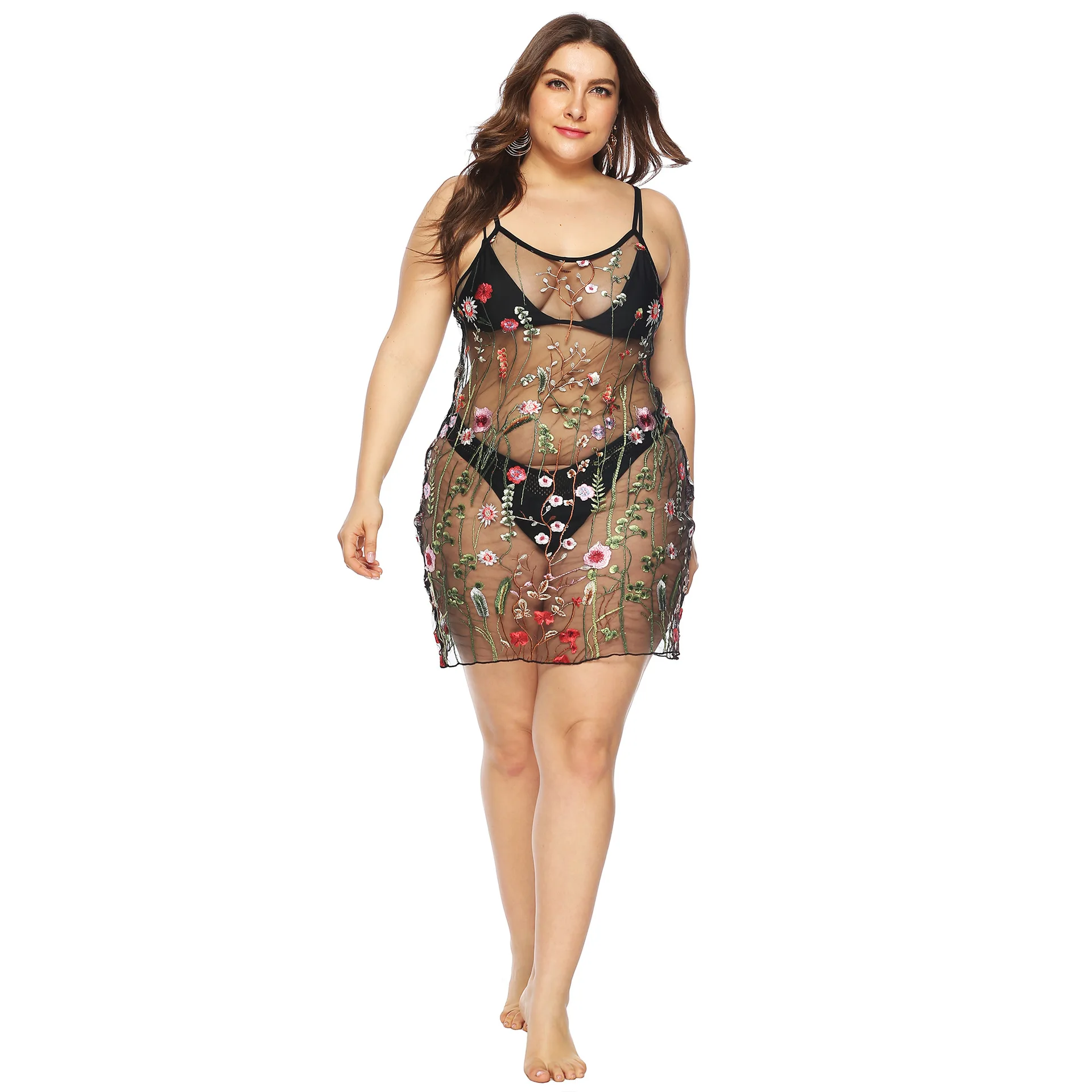 

Summer Fashion New Flower and Plant Embroidery Lace Sexy Plus Size A line Slip Dress Beach Sun Protection Clothing Robe Longue