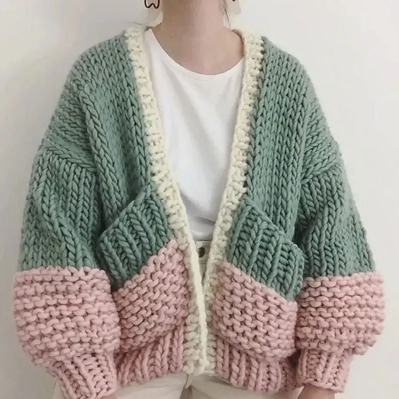 

Женский трикотажный кардиган ручной вязки, толстый кардиган с рукавами-фонариками и V-образным вырезом, модель 2020 года