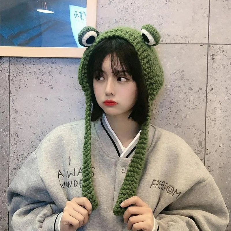 Женская осенне-зимняя вязаная шерстяная шапка в виде лягушки милые головные