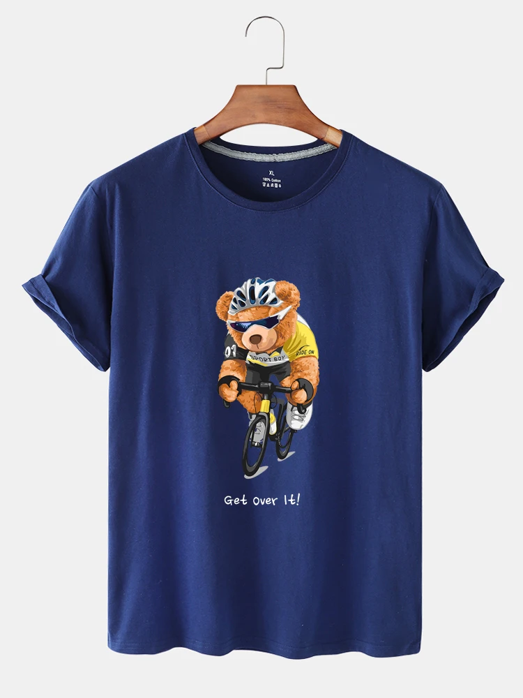 

KAIXIAZ Fashion New Arrival Fit Personality Cartoon Sports Bike Bear Printing Retro Lady's Short Sleeve Round Neck Tshirt