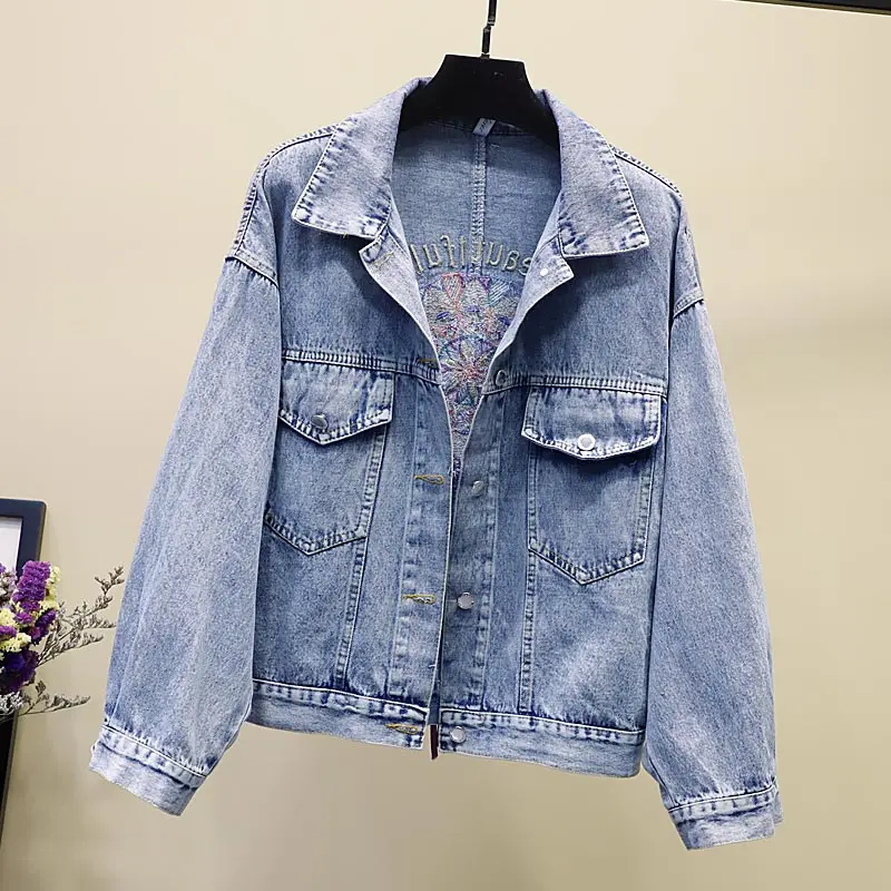 Женская джинсовая куртка свободного покроя короткая ковбойская с цветочной