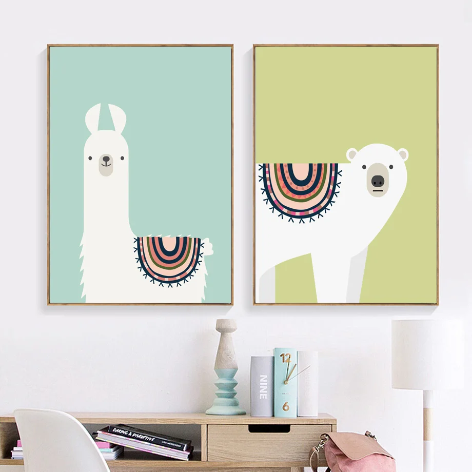 Для детской комнаты Альпака Медведь Wall Art Холст Картина Nordic Плакаты и принтами