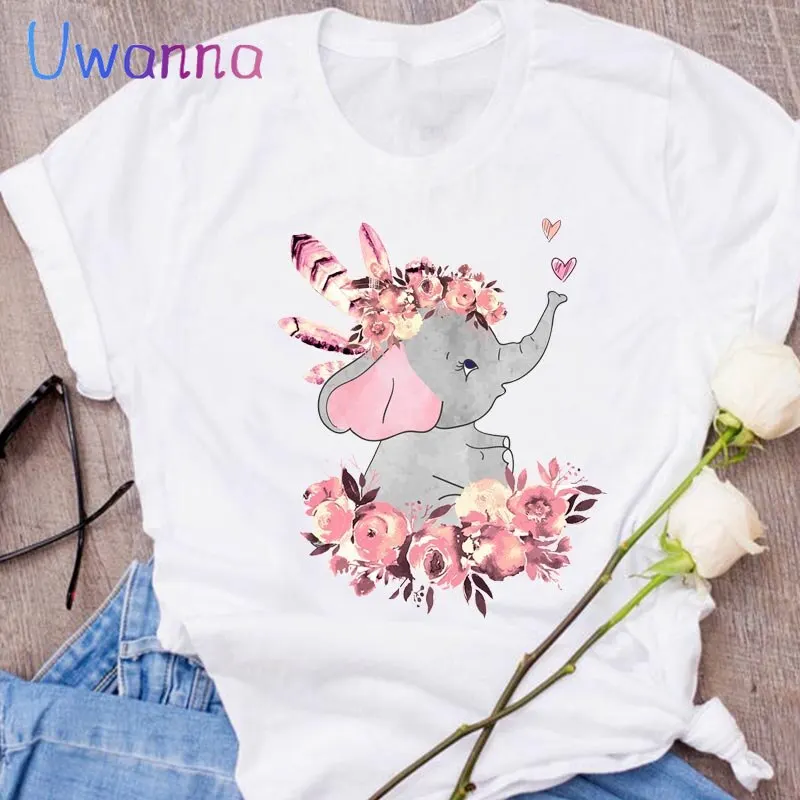 Cartoon Flower T-shirt Elephant Animal Fashion Print Graphic Women Clothing 90s Lady White Tees Tops Female Casual T Shirt | Женская