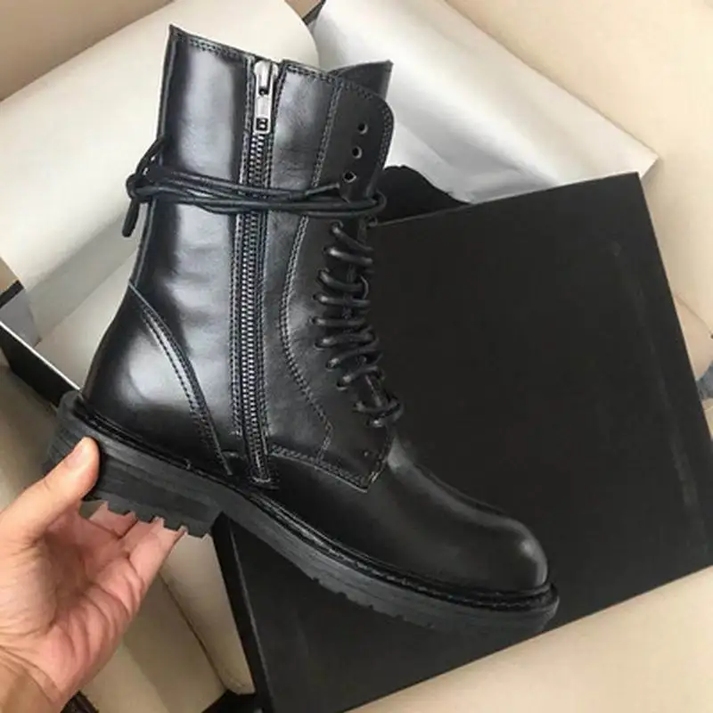 Boots women 2019 autumn and winter leather front rear straps retro round head Martin boots flat bottom with a tube wom |