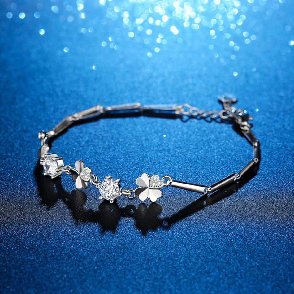 Роскошный браслет "Четырехлистный клевер" из подлинного серебра 925 с моиссанитом для женщин, прошедший тест на алмазную подделку.