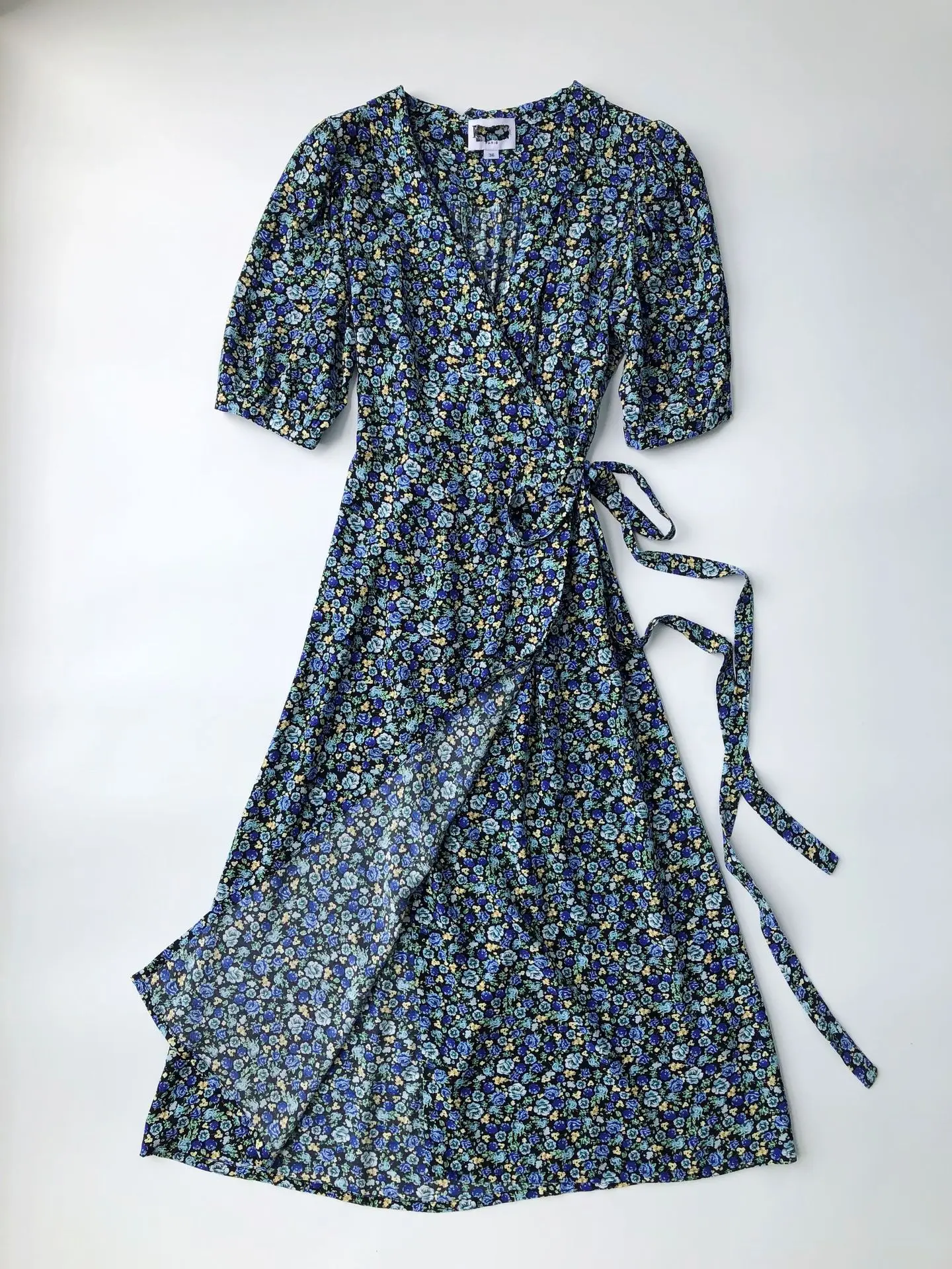 

Green Fruit Collar Rose Wrap Skirt French Retro Little Rose Casual Short-sleeved Puff Sleeve New Midi Dress Women Dress