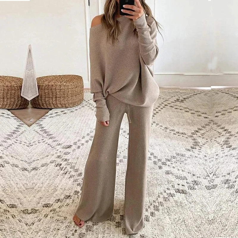 Ladies Casual Soft Sportswear Women's 2-piece Set Spring and Autumn Loose One-shoulder Pullover Top Wide-leg Pants Sports Suit