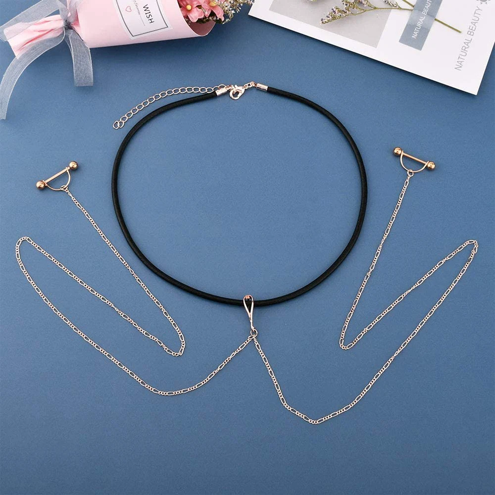 Кольца-штанги для сосков с цепочкой и кожаным ожерельем кольцо ювелирные изделия