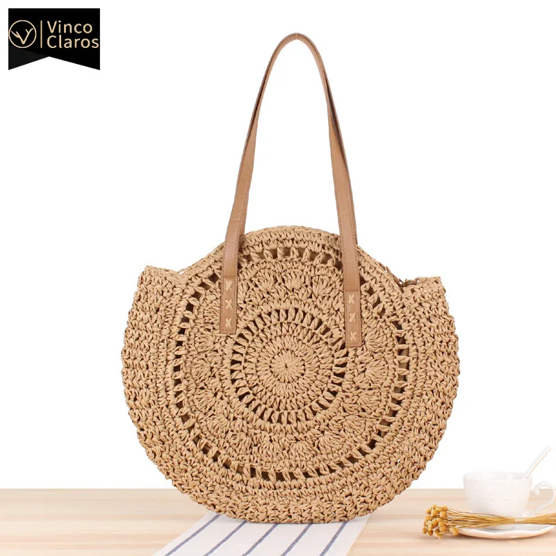 

Large Woven Beach Bags Women Circular Round Straw Tote Bag White Ladies Handbags Holiday Luxury Designer Knitting Shoulder Bag