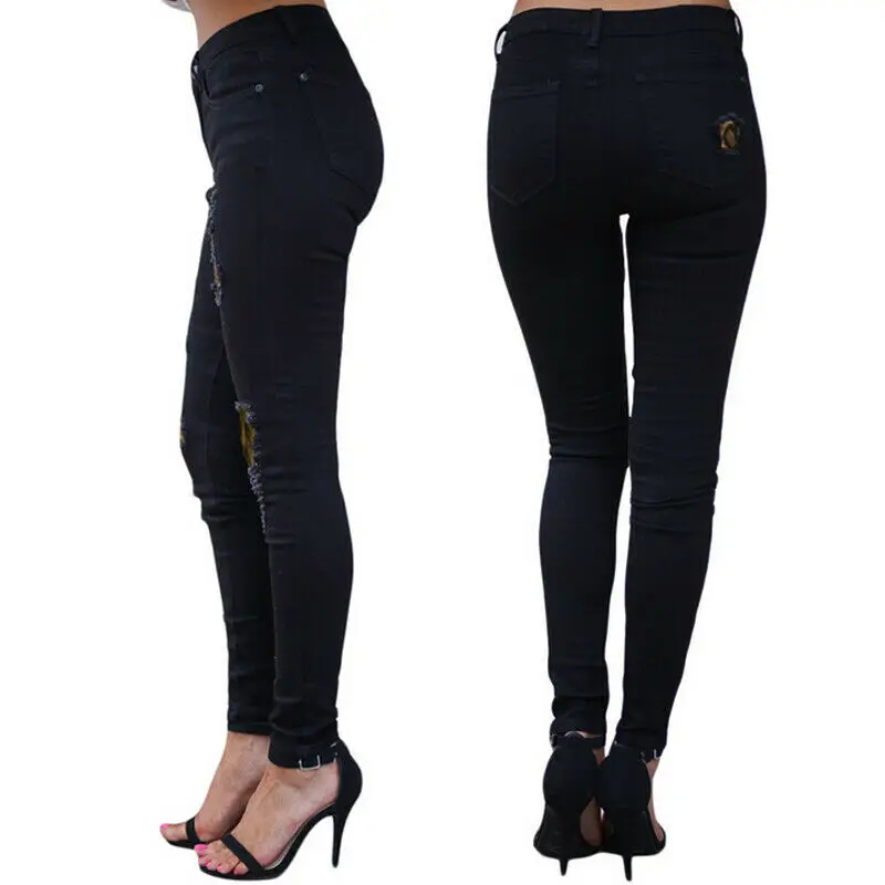 

Women Jeans Leopard Patche Pants Ripped Frayed Skinny High Waist Denim Trouser,