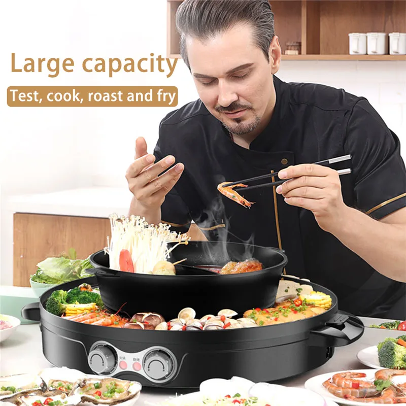 

44CM Smokeless Electric Barbecue Grill Machine Hot Pot Oven BBQ Griddle Home Multi Cooker Non-stick Baking Flat Pan Plate US/EU