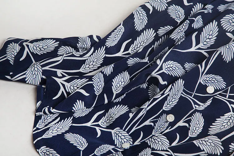 

Shuchan Leaves Print Women Shirts Button Up Long Sleeve Blouse Natural Silk Thin STAND Collar Ladies Tops 2021 vintage