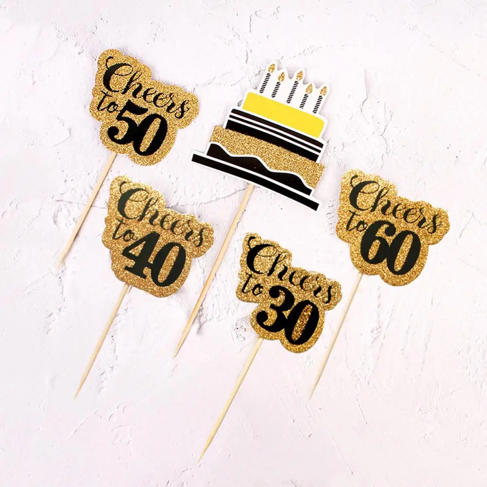 

12pcs Cheers 30 40 50 60 Year Old Cupcake Topper Gold And Black 30th 40th 50th 60th Happy Birthday Party Decorations Man Woman