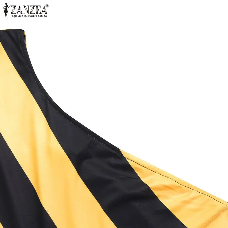 

ZANZAE Asymmetrical Women Blouses 2021 Summer Lady Stylish Off Shoulder Tops Casual Striped Puff Sleeve Zipper Oversized Blusas